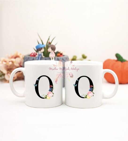 O Harfi Çiçek Desenli İkili Kupa Bardak