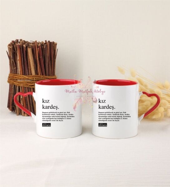 Kişiye Özel Kız Kardeş Fotoğraflı İkili Kırmızı Kalpli Kupa Bardak