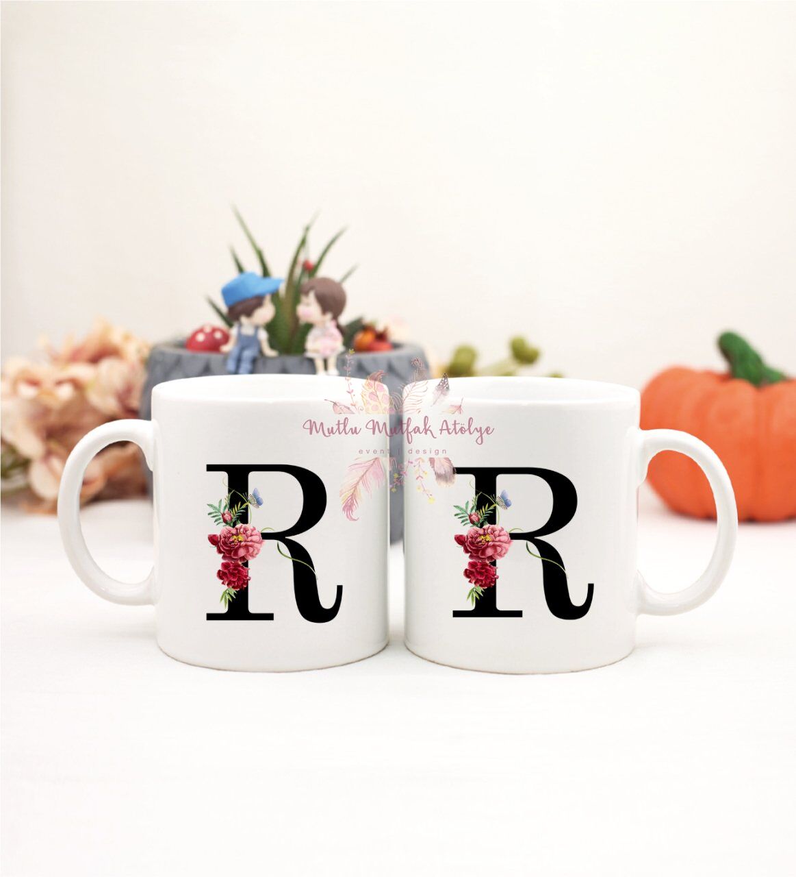 R Harfi Çiçek Desenli İkili Kupa Bardak