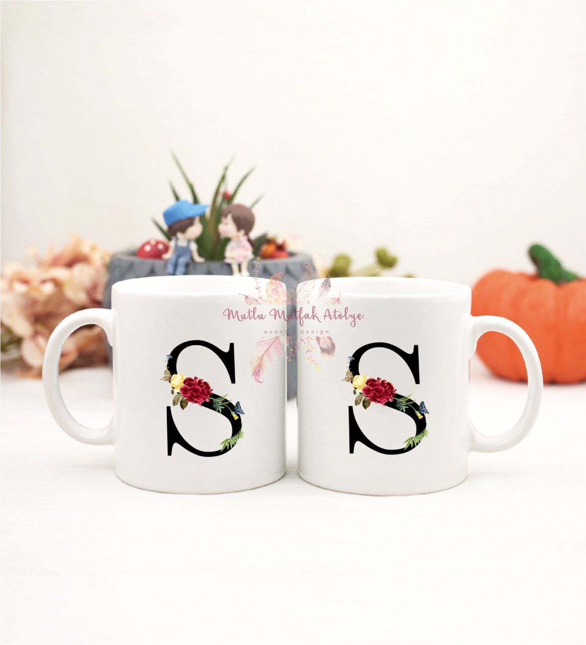 S Harfi Çiçek Desenli İkili Kupa Bardak