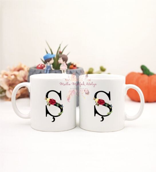 Ş Harfi Çiçek Desenli İkili Kupa Bardak