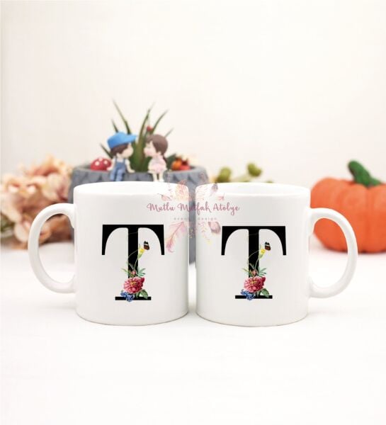 T Harfi Çiçek Desenli İkili Kupa Bardak