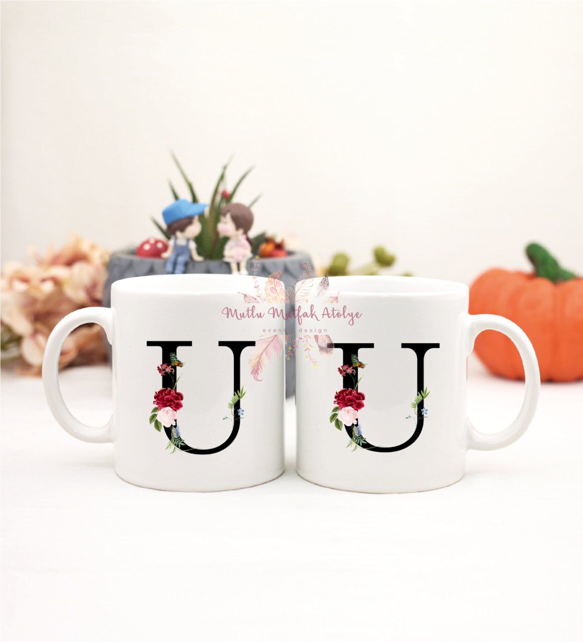 U Harfi Çiçek Desenli İkili Kupa Bardak