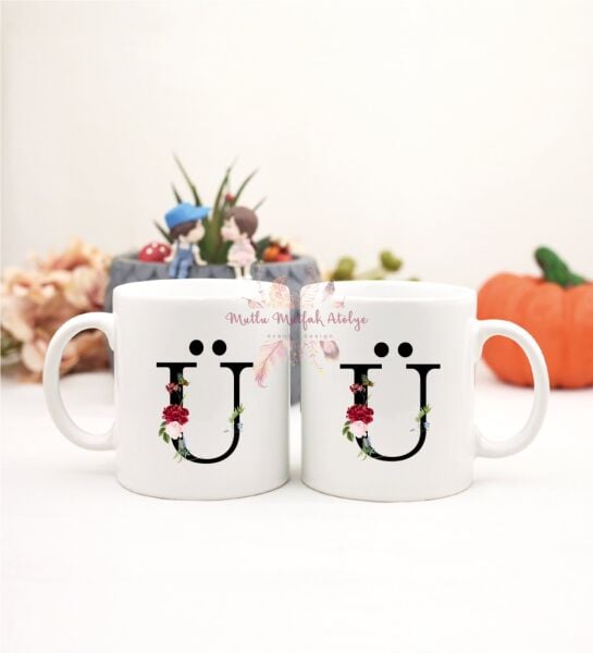 Ü Harfi Çiçek Desenli İkili Kupa Bardak